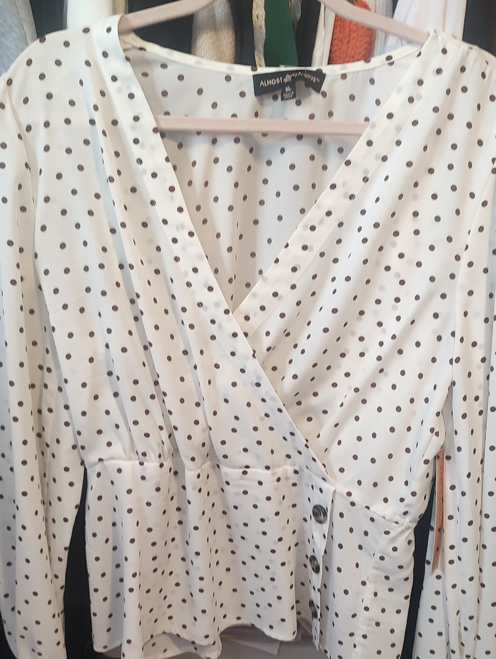 Almost Famous White Long-Sleeve Polka Dot Wrap Top
